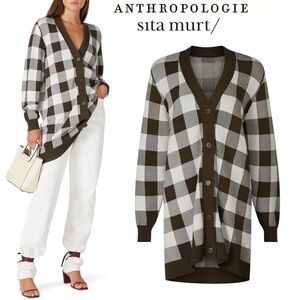 Anthropologie Sita Murt Olive Green White Checker Long Sweater Cardigan Oversize